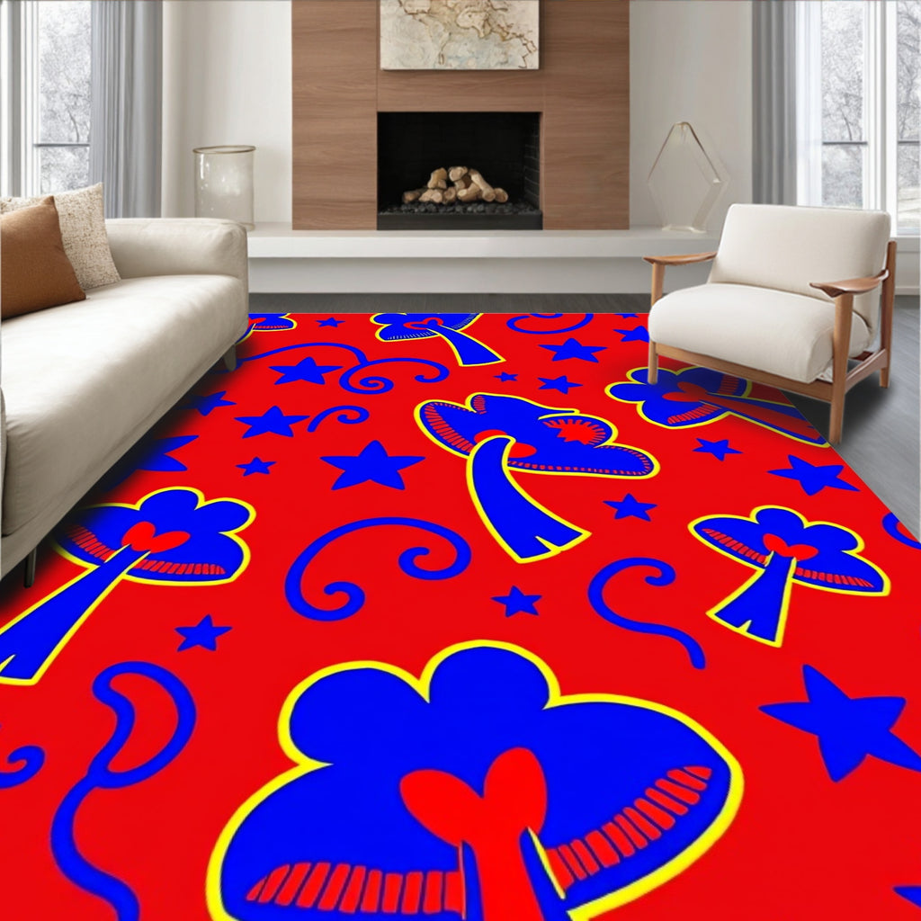 Whimsical Blue Mushroom Stars Red Rug