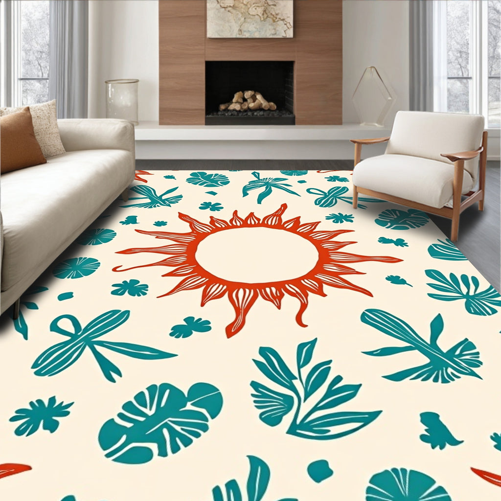 Crimson Sun Teal Foliage Collage Rug