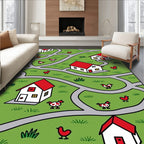 Whimsical Village Houses and Chickens Rug
