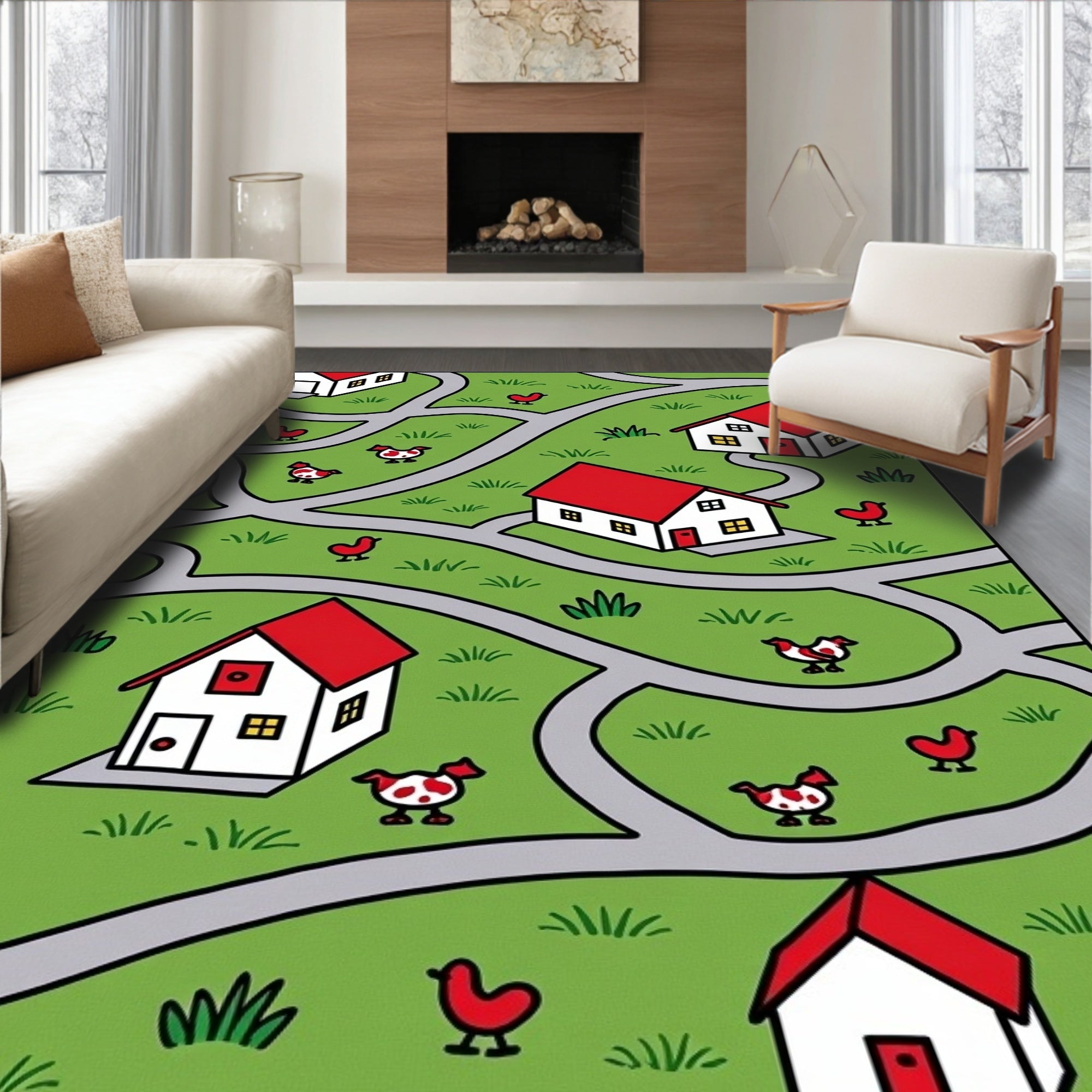 Whimsical Village Houses and Chickens Rug