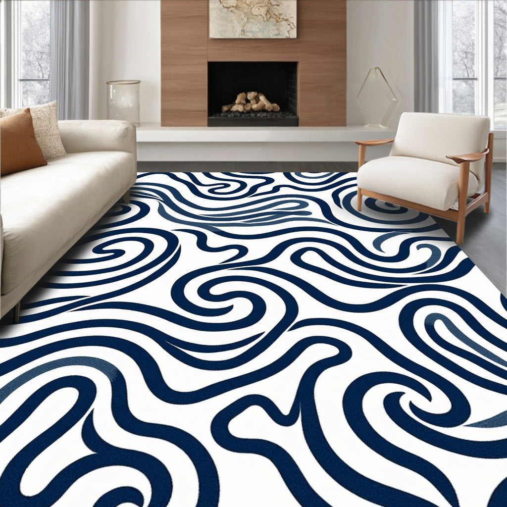 Navy Swirl Abstract Line Rug