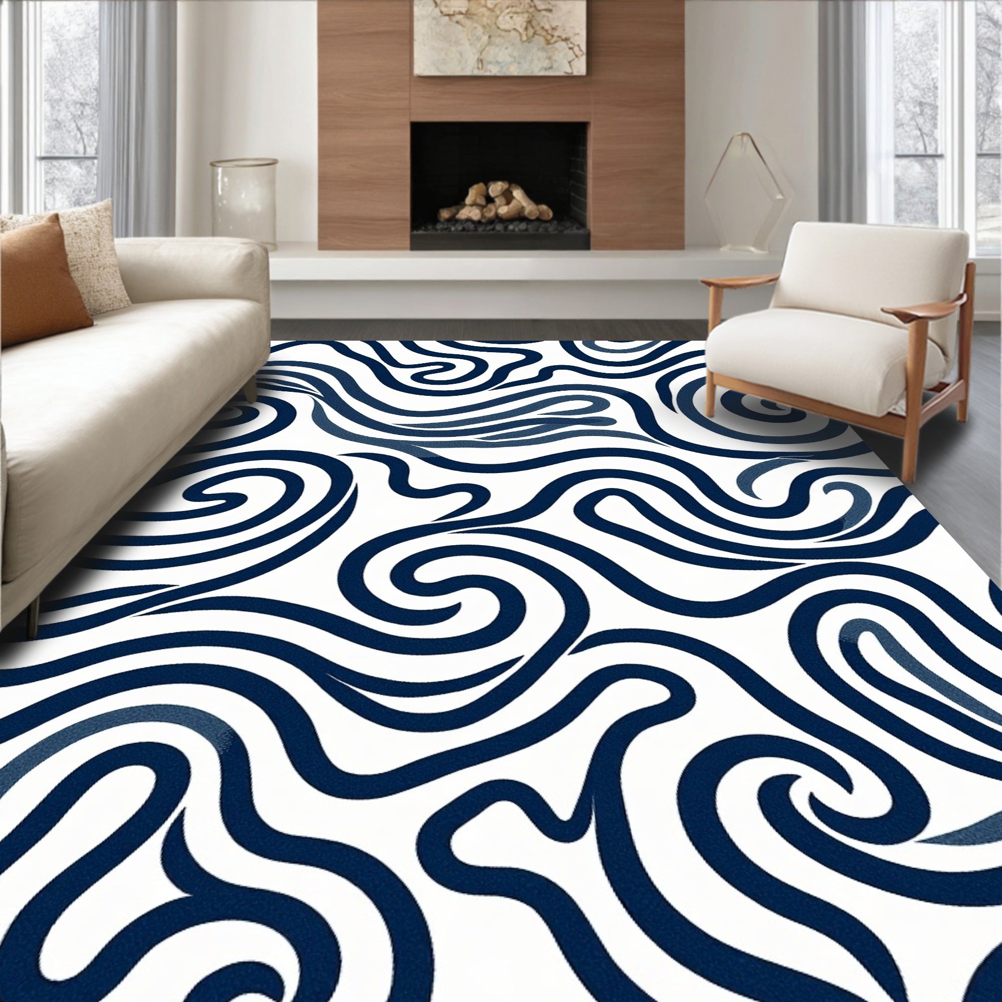 Navy Swirl Abstract Line Rug