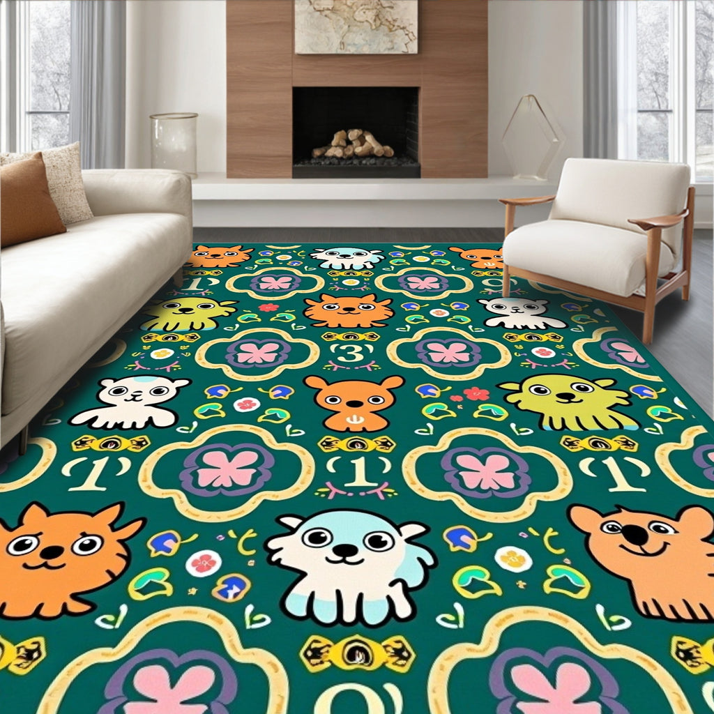 Whimsical Emerald Animal Quatrefoil Friends Rug