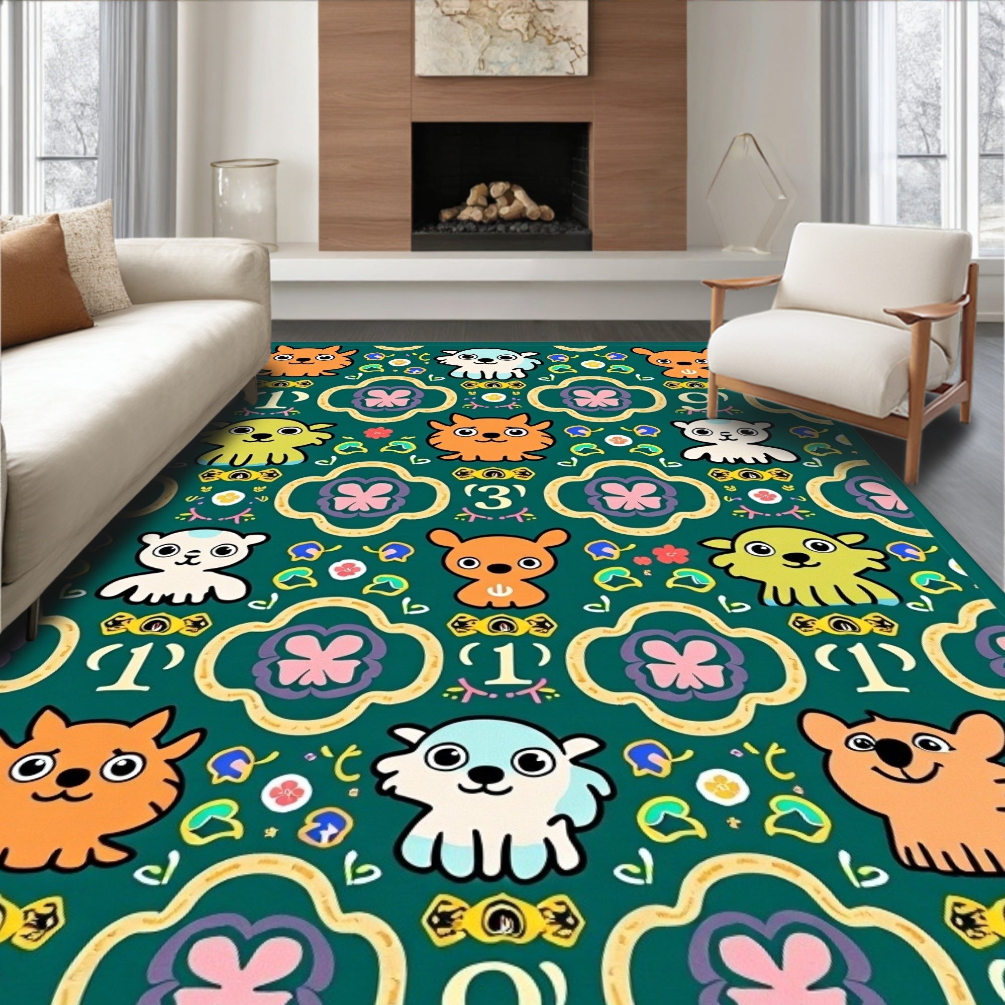 Whimsical Emerald Animal Quatrefoil Friends Rug