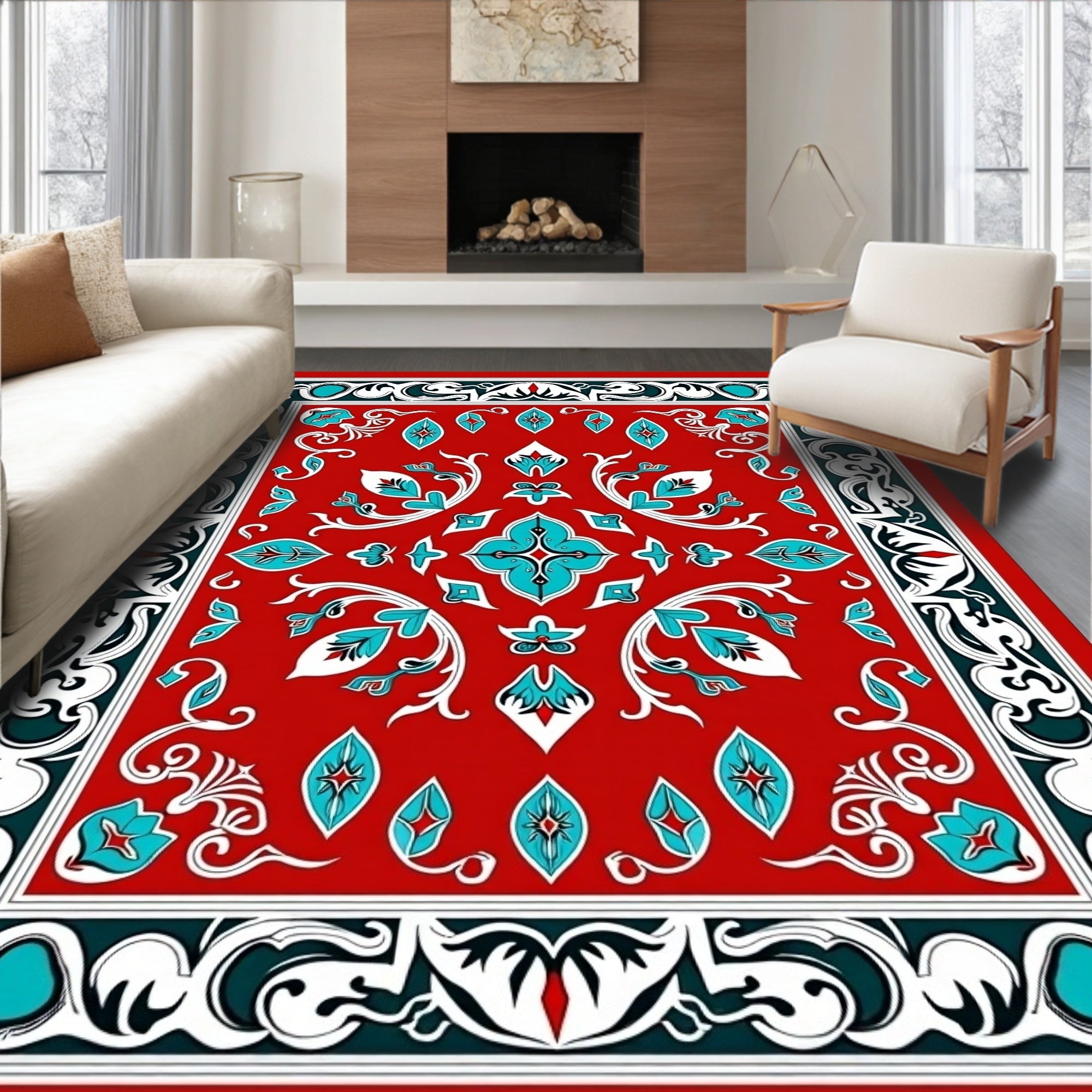 Crimson Teal Floral Medallion Border Rug