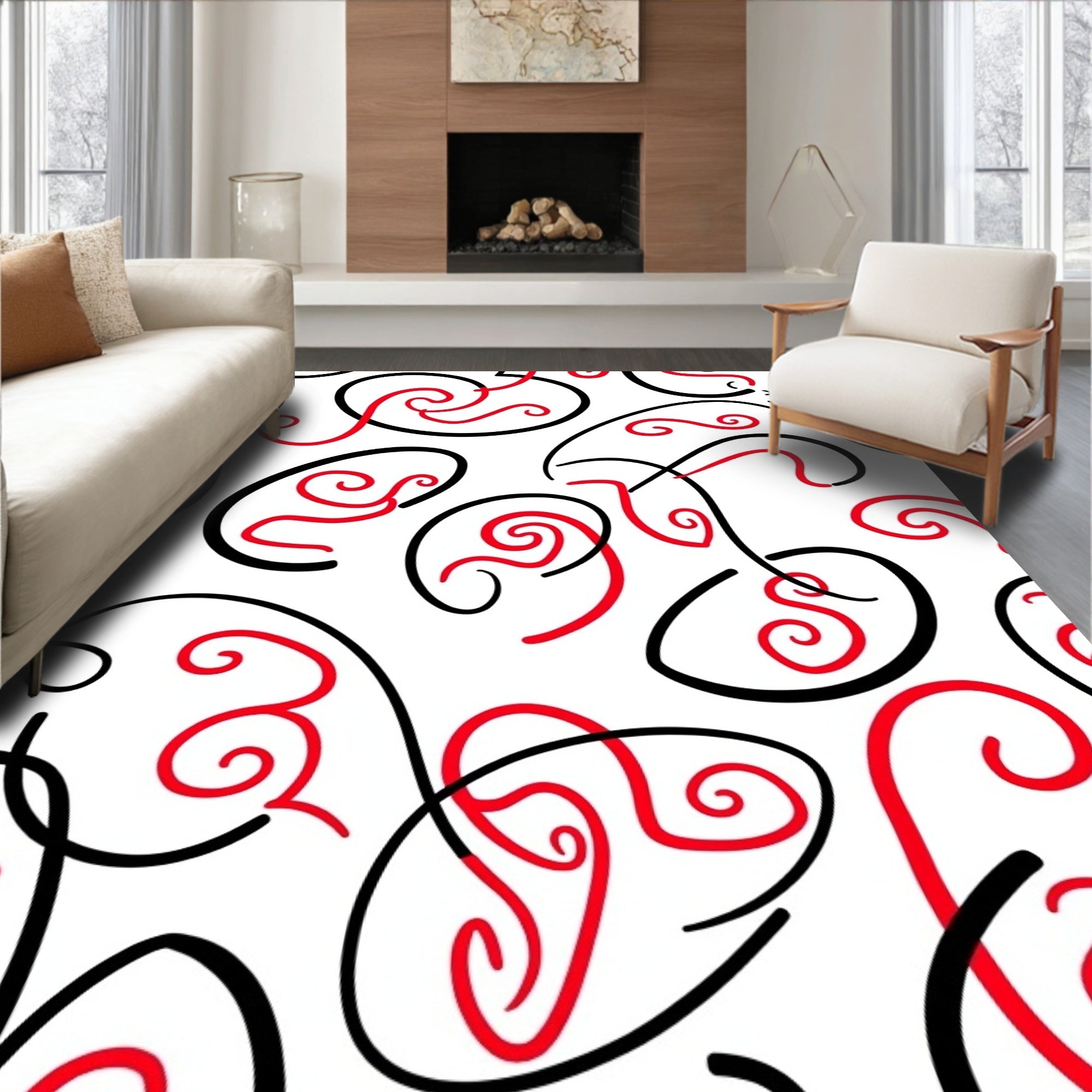 Bold Red Black Swirl Abstract Rug