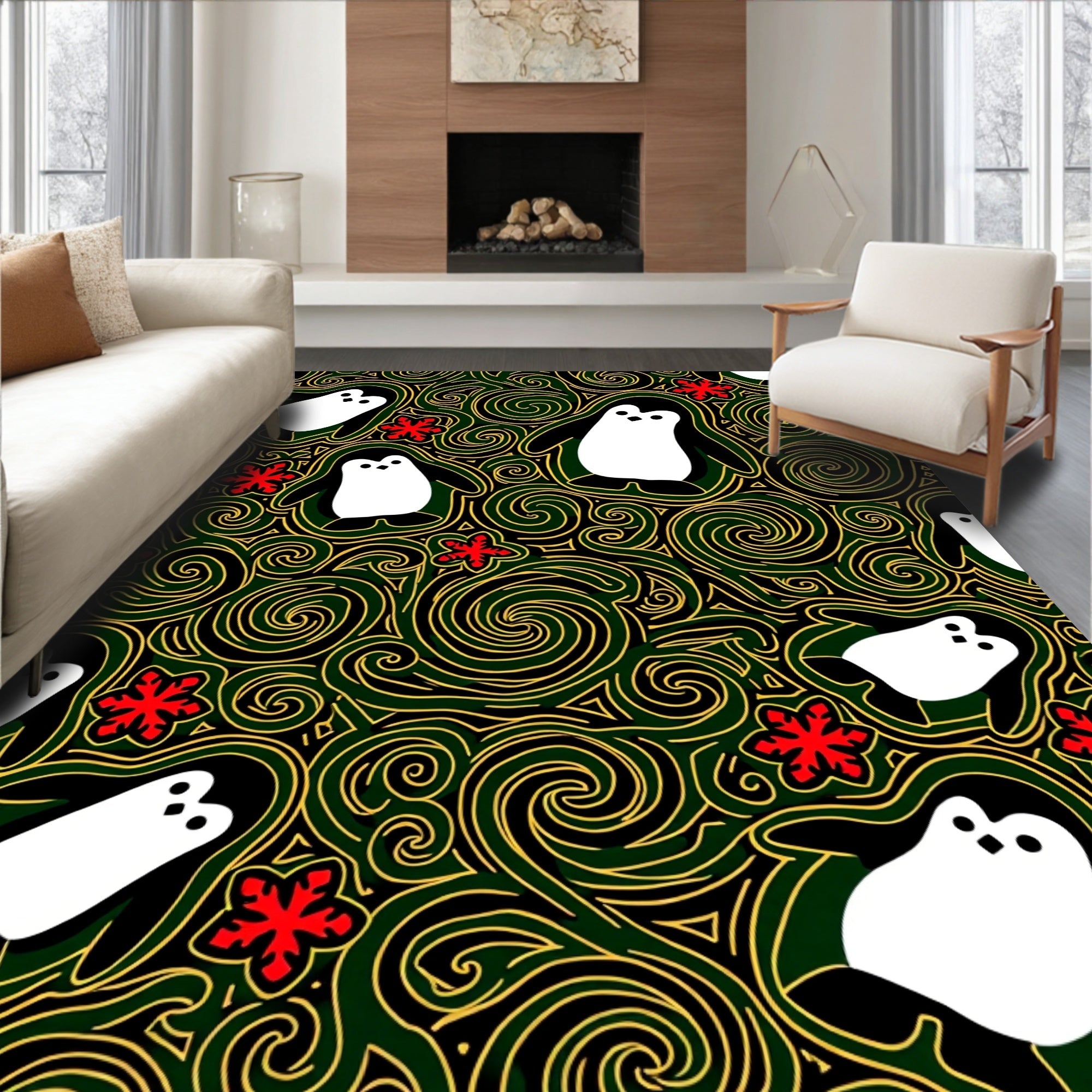 Whimsical Penguin Red Floral Swirl Rug