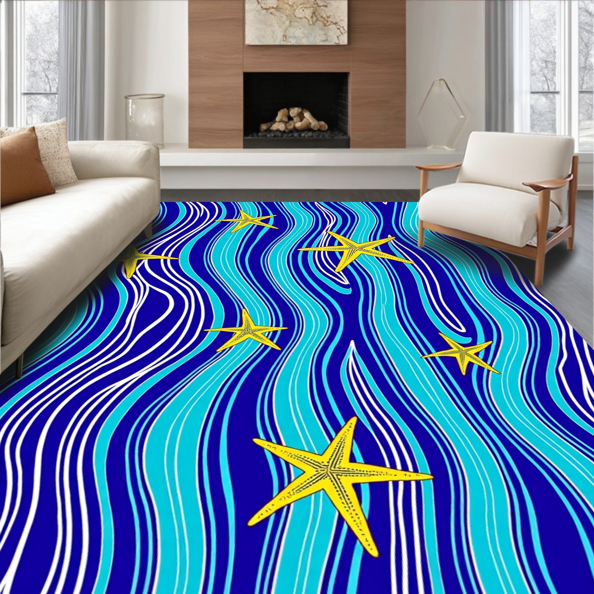 Yellow Starfish Blue Aqua Wave Rug