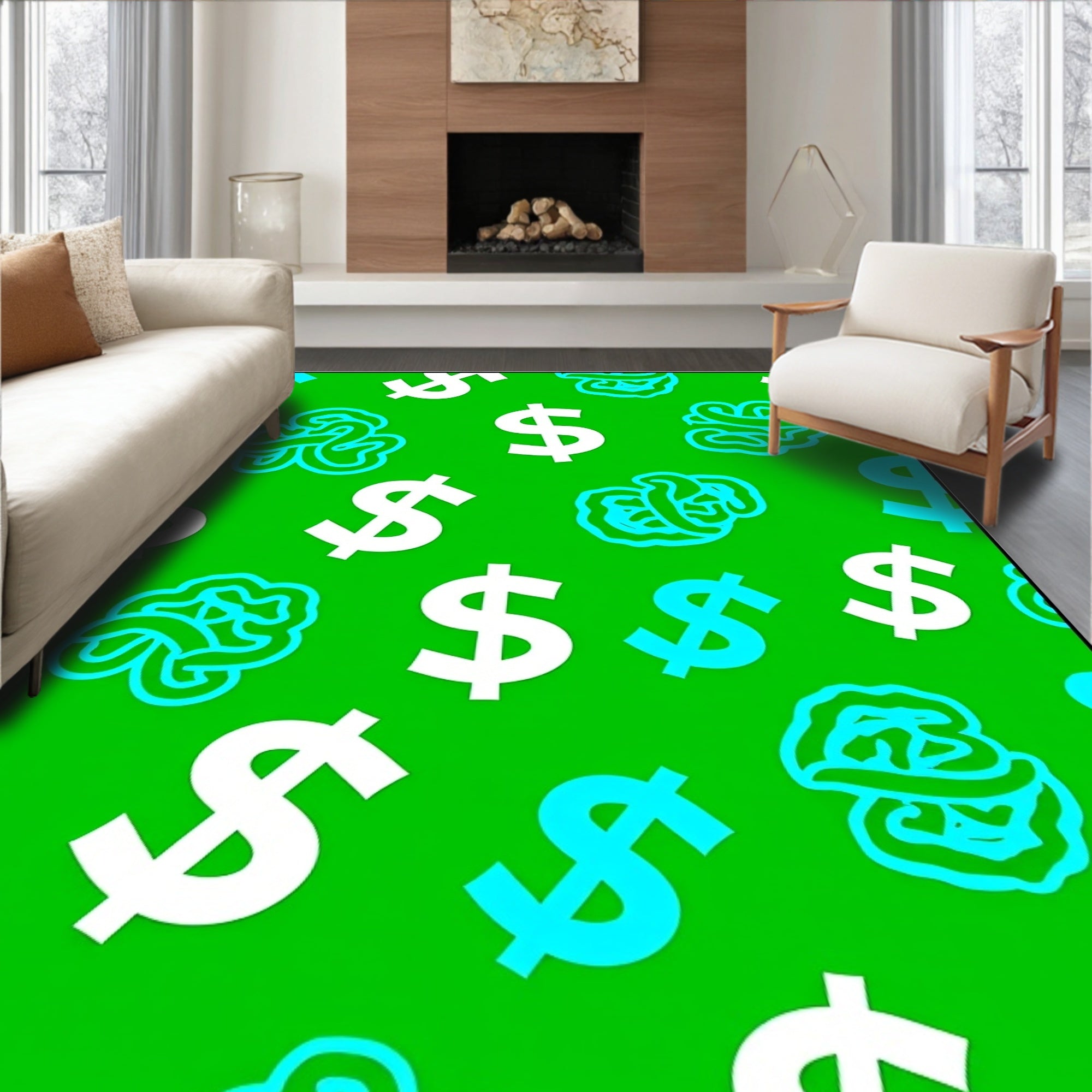 Bright Green Dollar Brain All-Over Rug