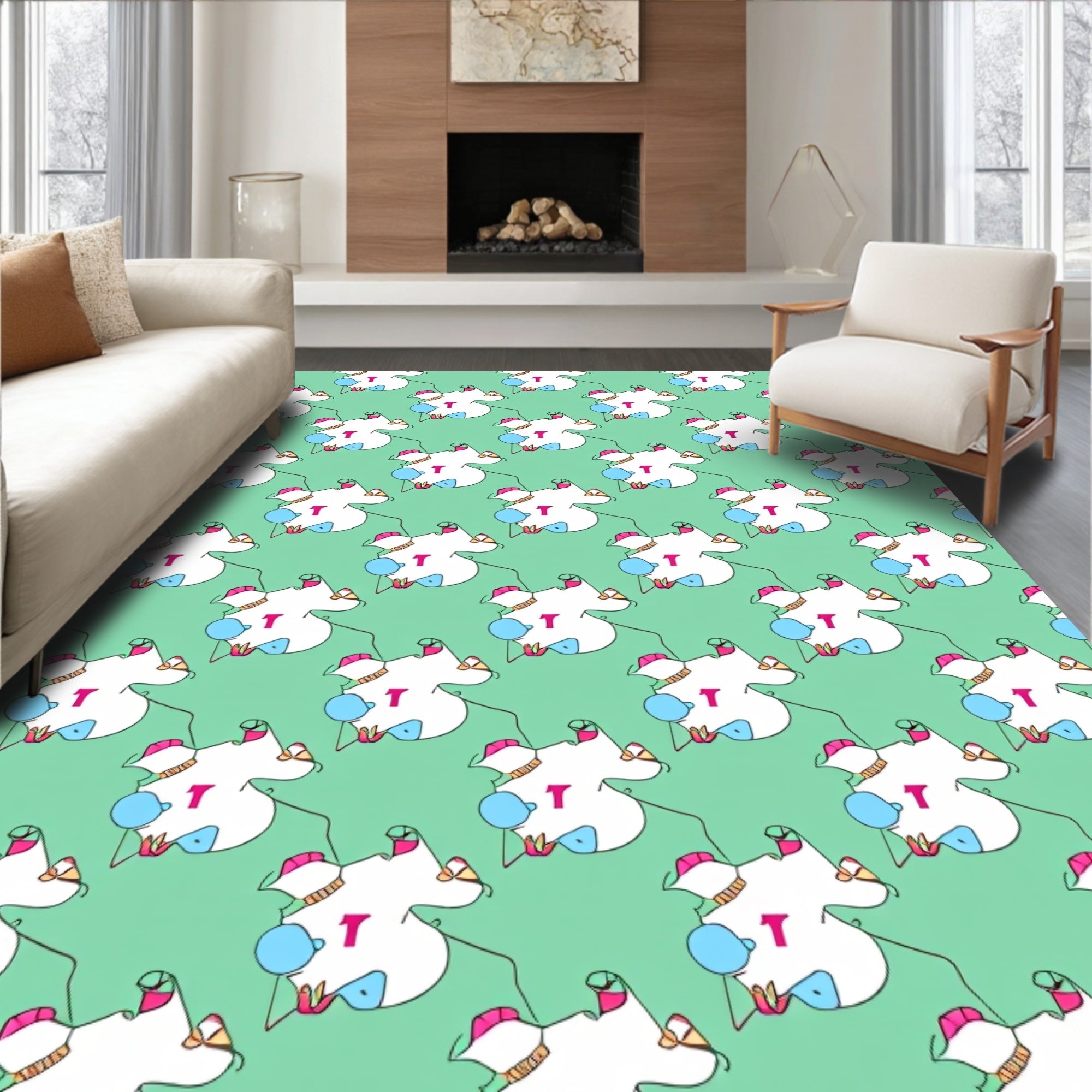 Whimsical Teal Puzzle Piece Characters Rug