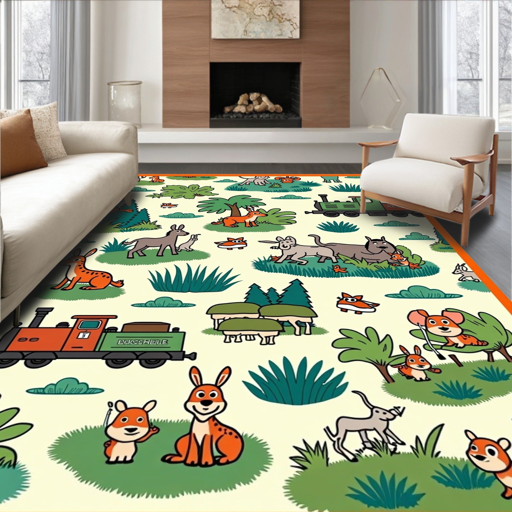 Whimsical Woodland Animals Train Scene Rug