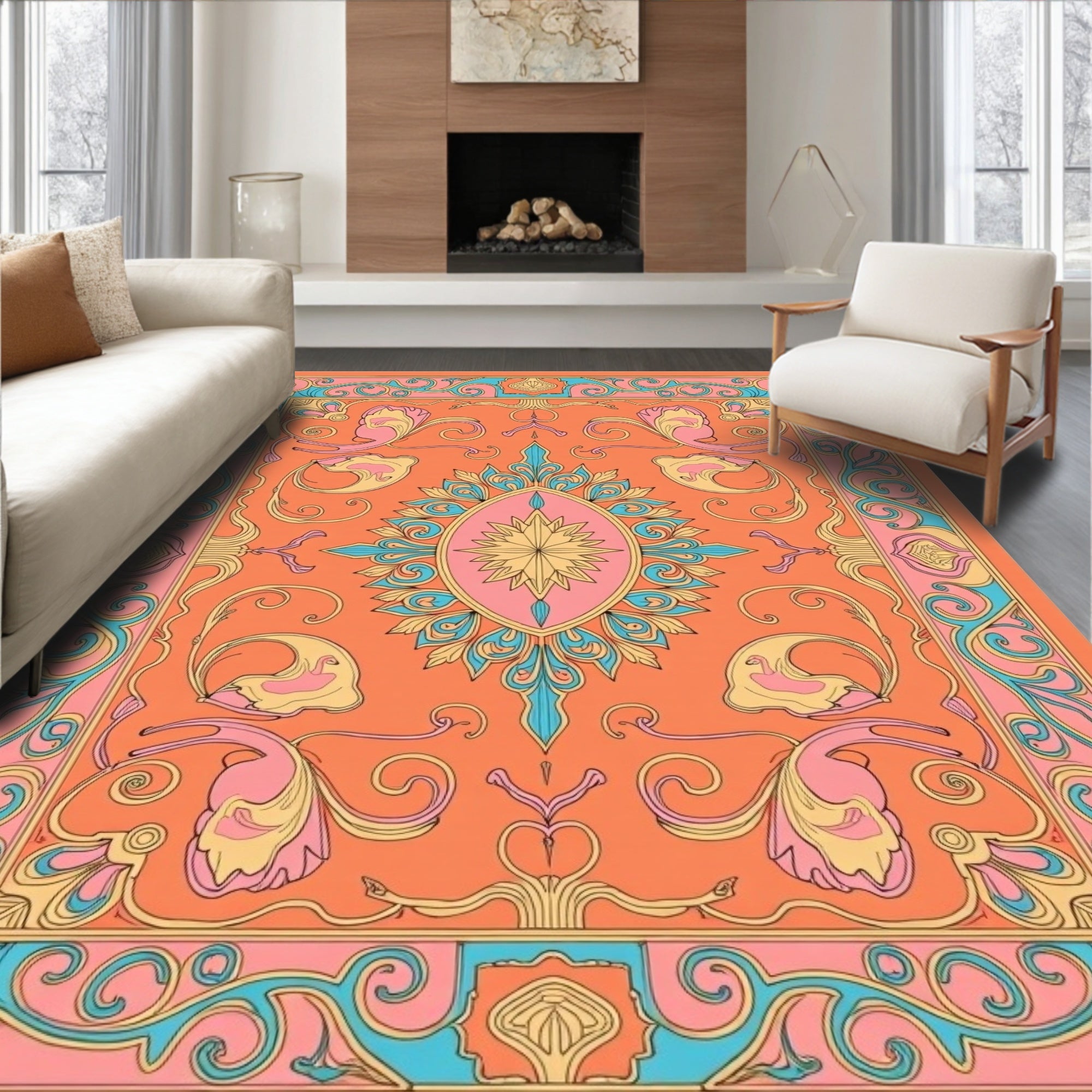 Vibrant Orange Floral Swirl Garden Rug