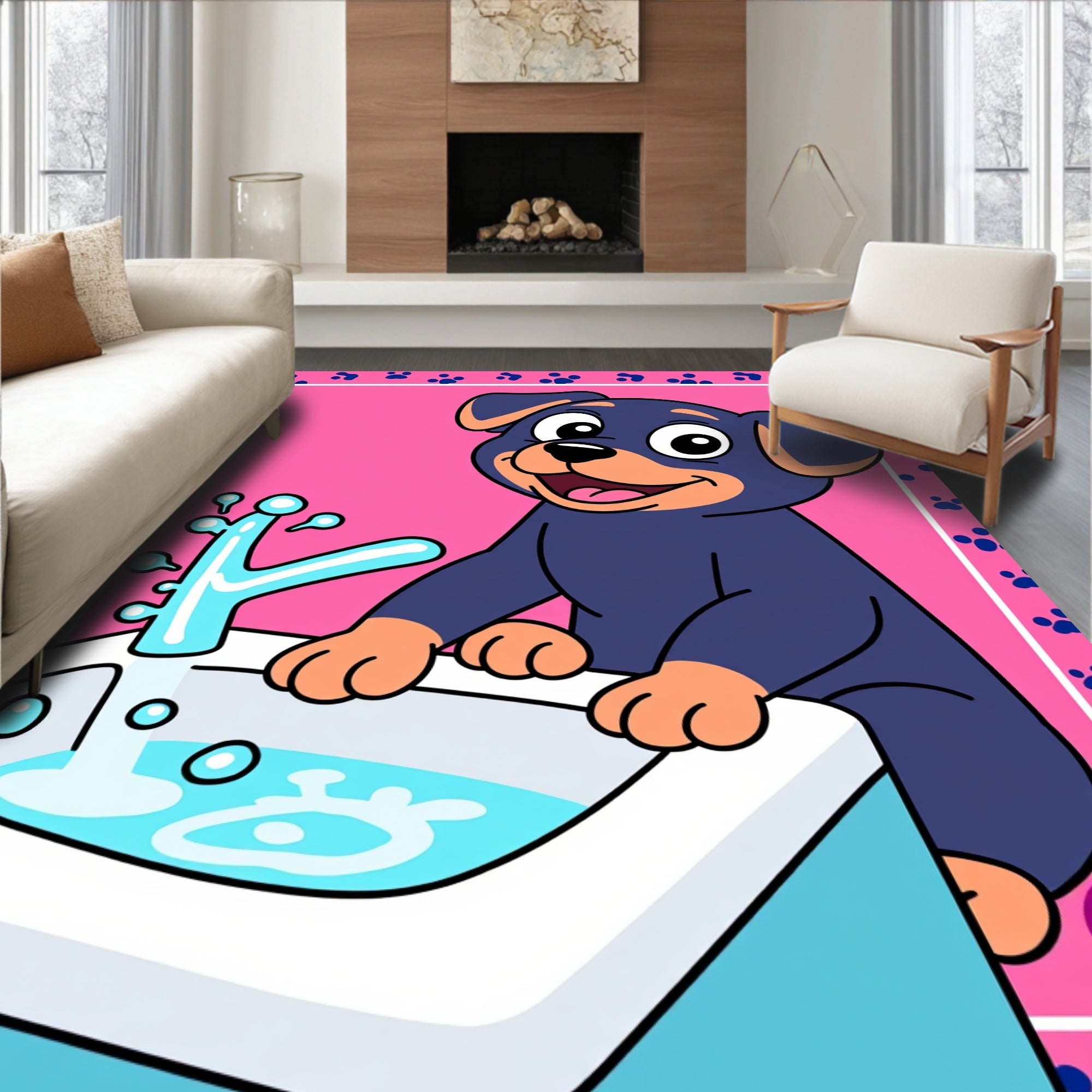 Playful Puppy Paw Print Pink Rug