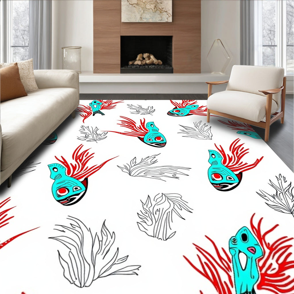 Turquoise Red Tribal Fish Collage Rug