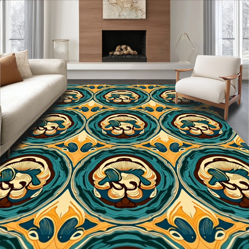 Vibrant Teal And Gold Concentric Medallion Rug