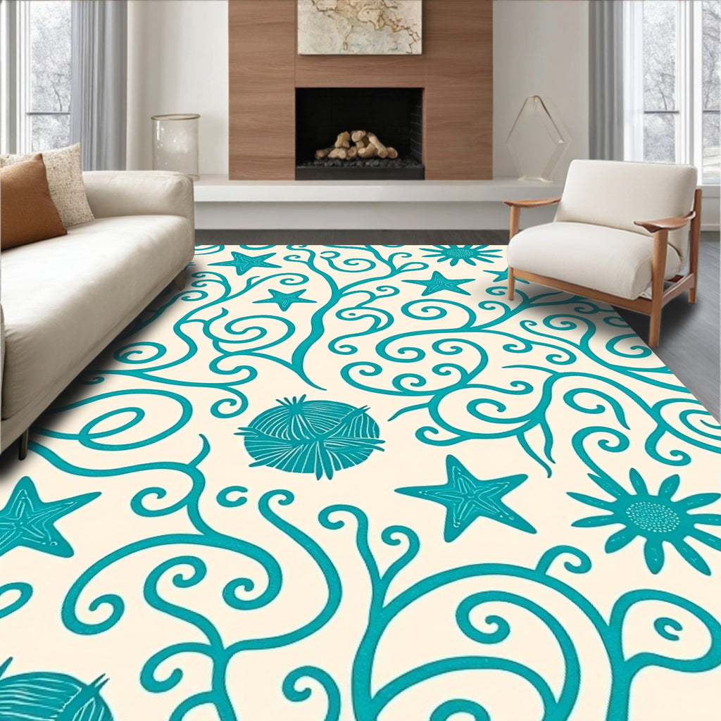 Aqua Starfish Swirl Botanical Collection Rug