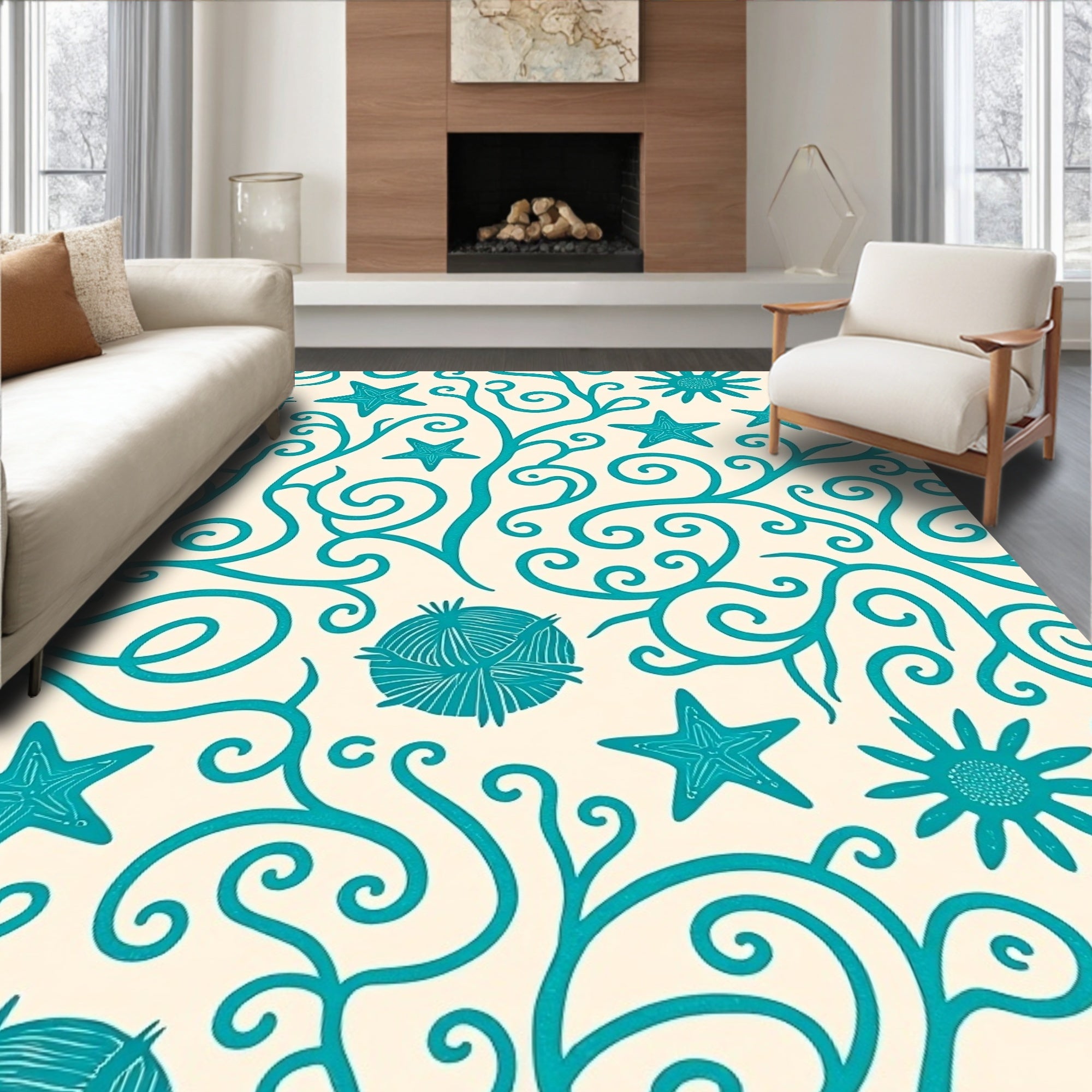 Aqua Starfish Swirl Botanical Collection Rug