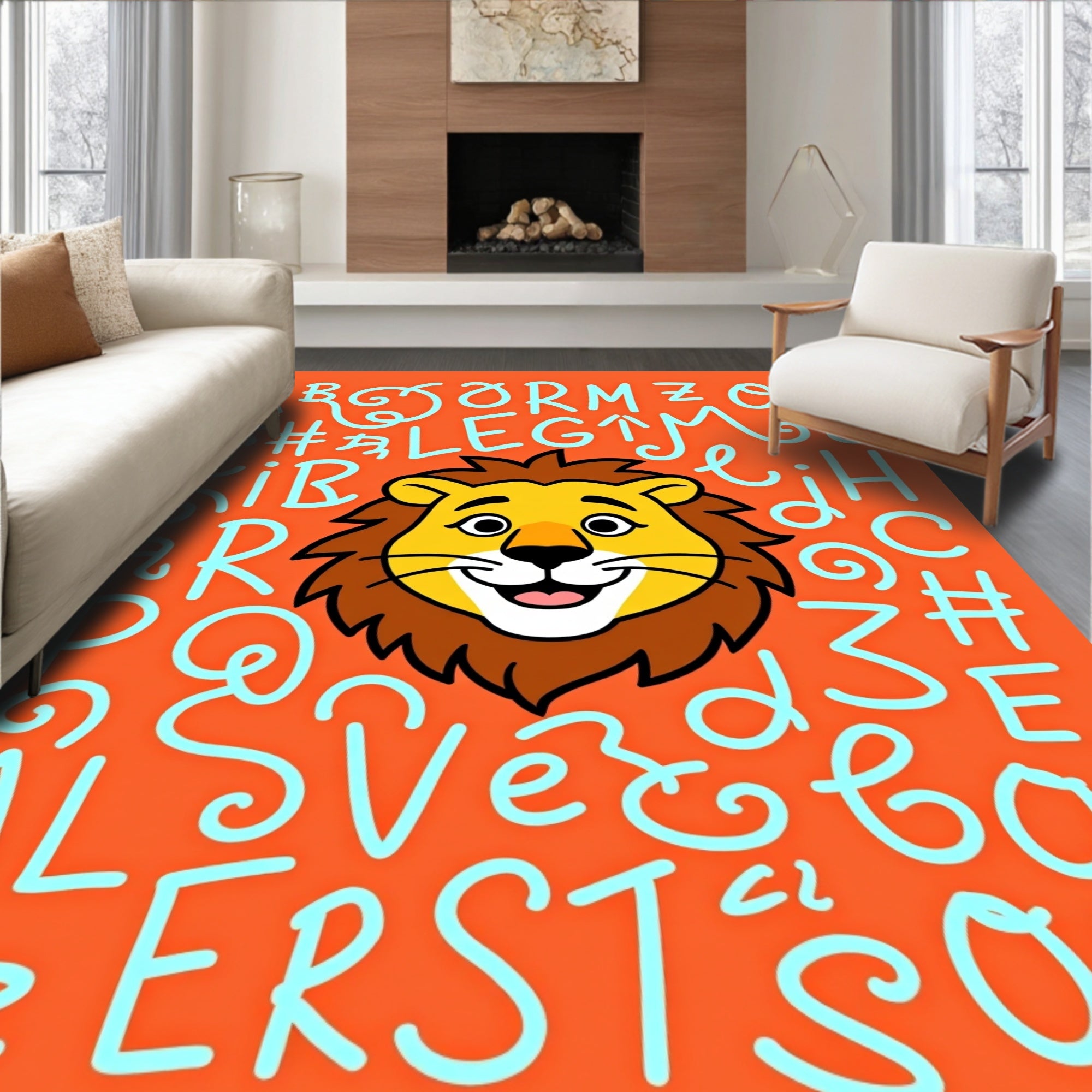 Playful Lion Alphabet Orange Background Rug
