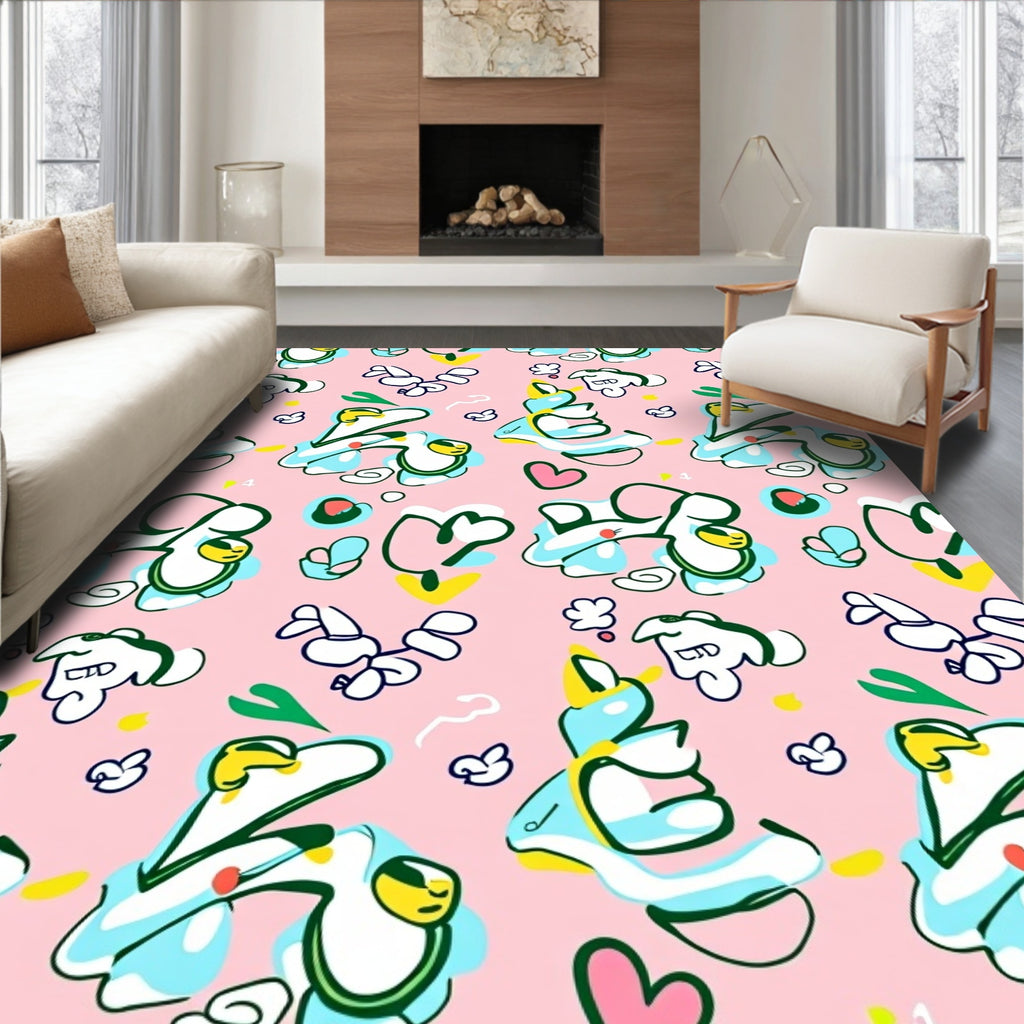 Playful Pink Abstract Doodle Characters Rug