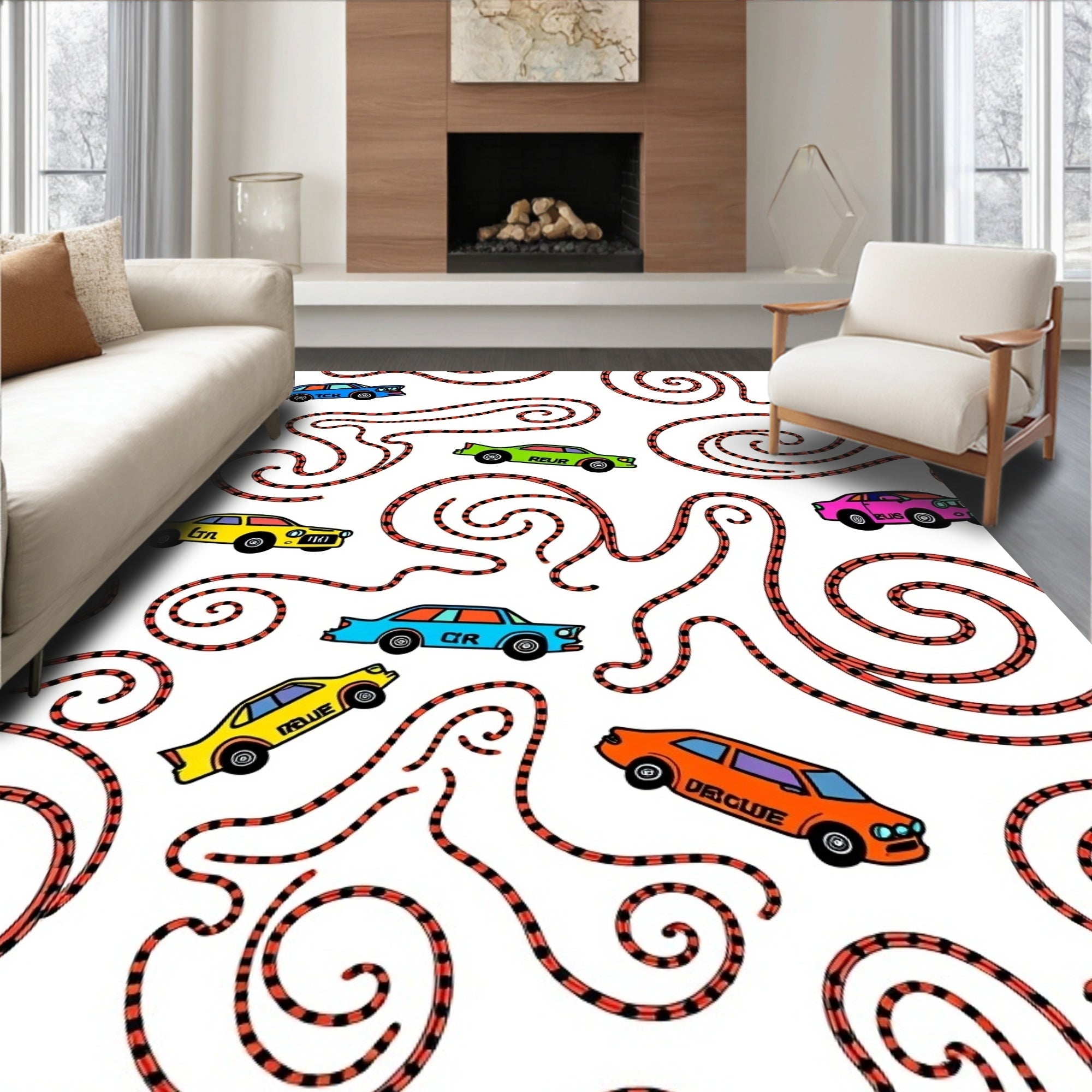 Retro Car Race Track Whimsical Rug
