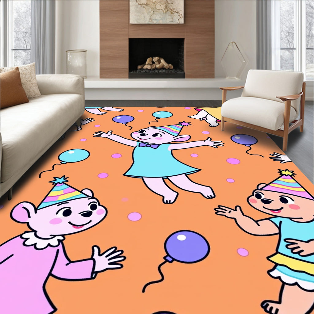 Whimsical Pink Mice Party Balloons Orange Rug