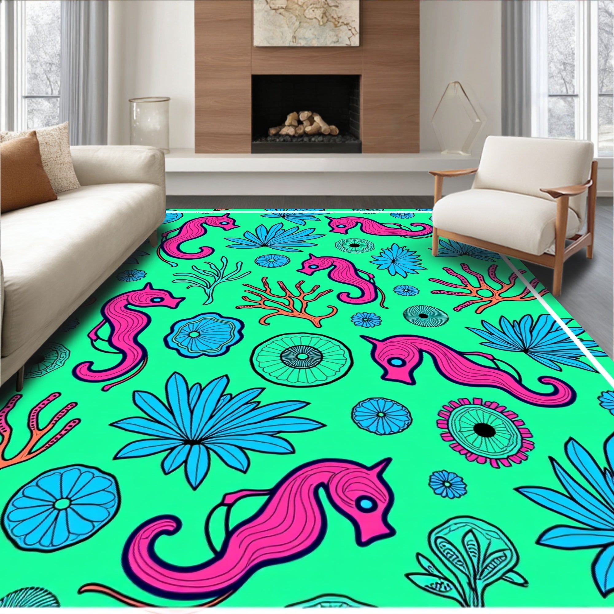 Whimsical Pink Seahorse Coral Garden Rug