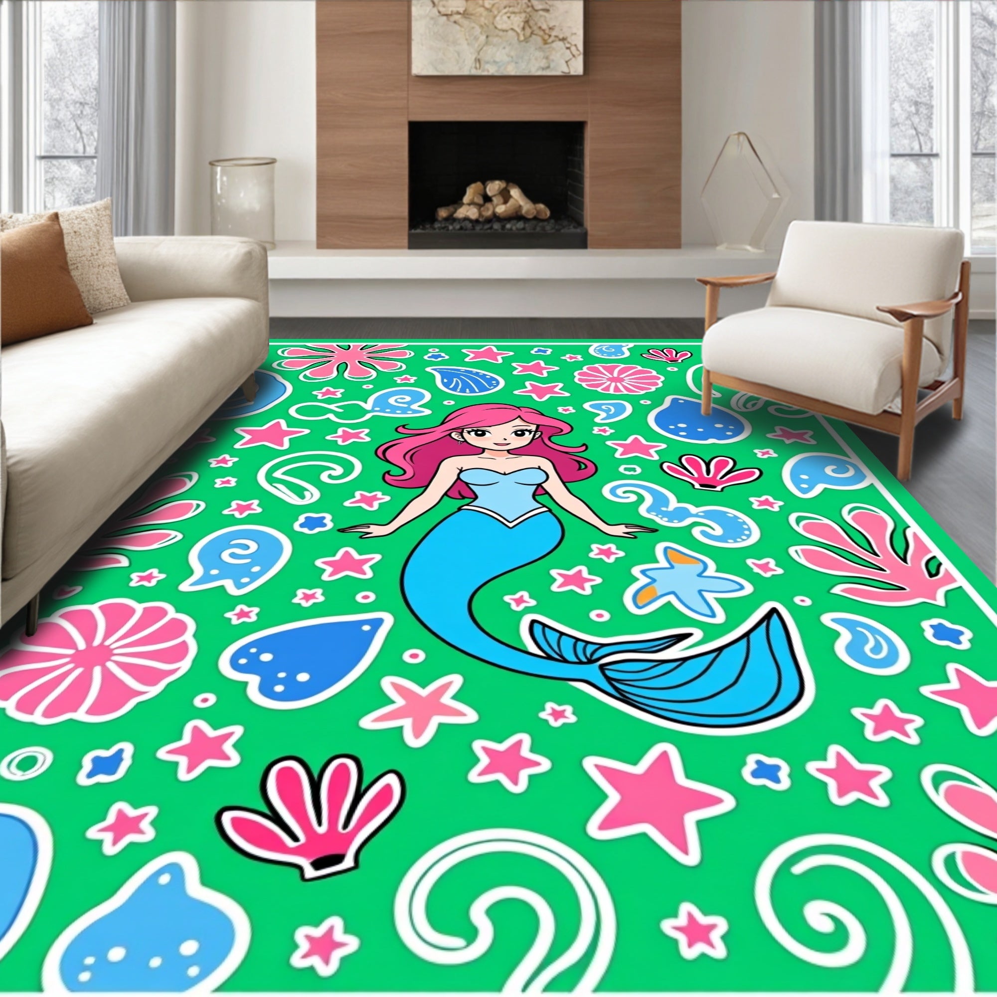 Pink Mermaid Ocean Stars Green Rug