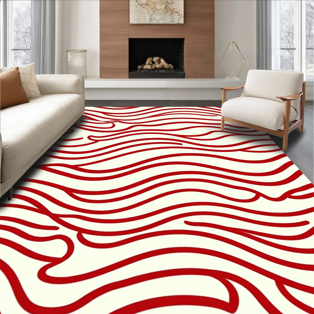 Crimson Red Abstract Wave Rug
