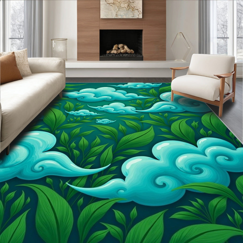 Teal Clouds Lush Green Foliage Rug