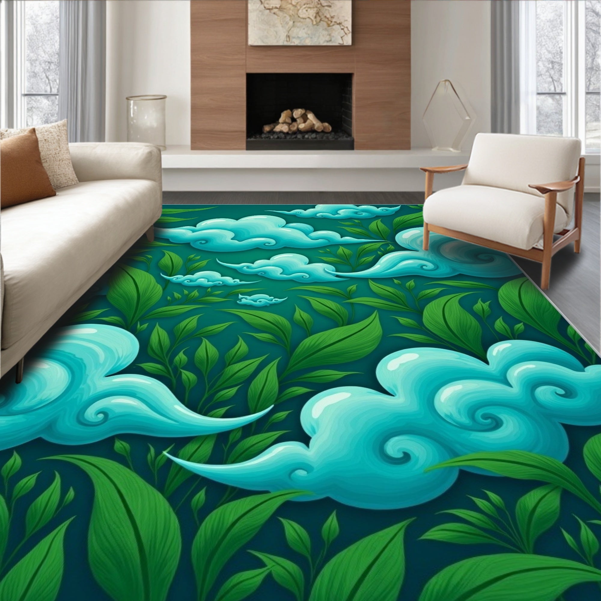 Teal Clouds Lush Green Foliage Rug