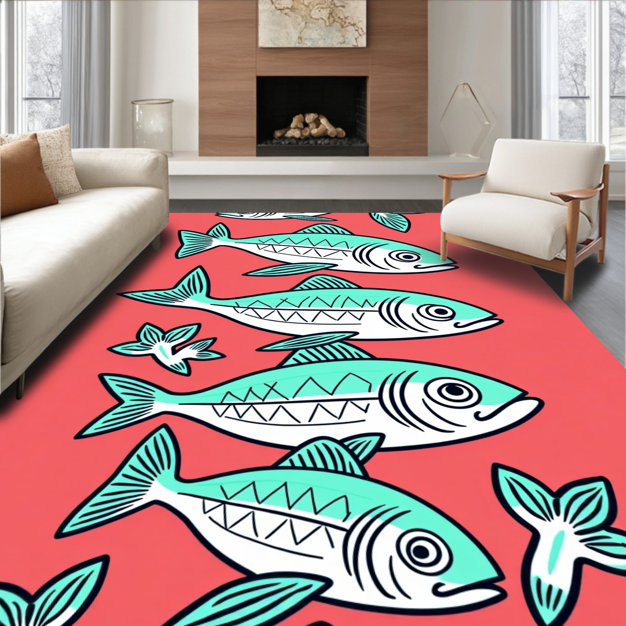 Teal Fish School Mid-Century Modern Aqua Rug