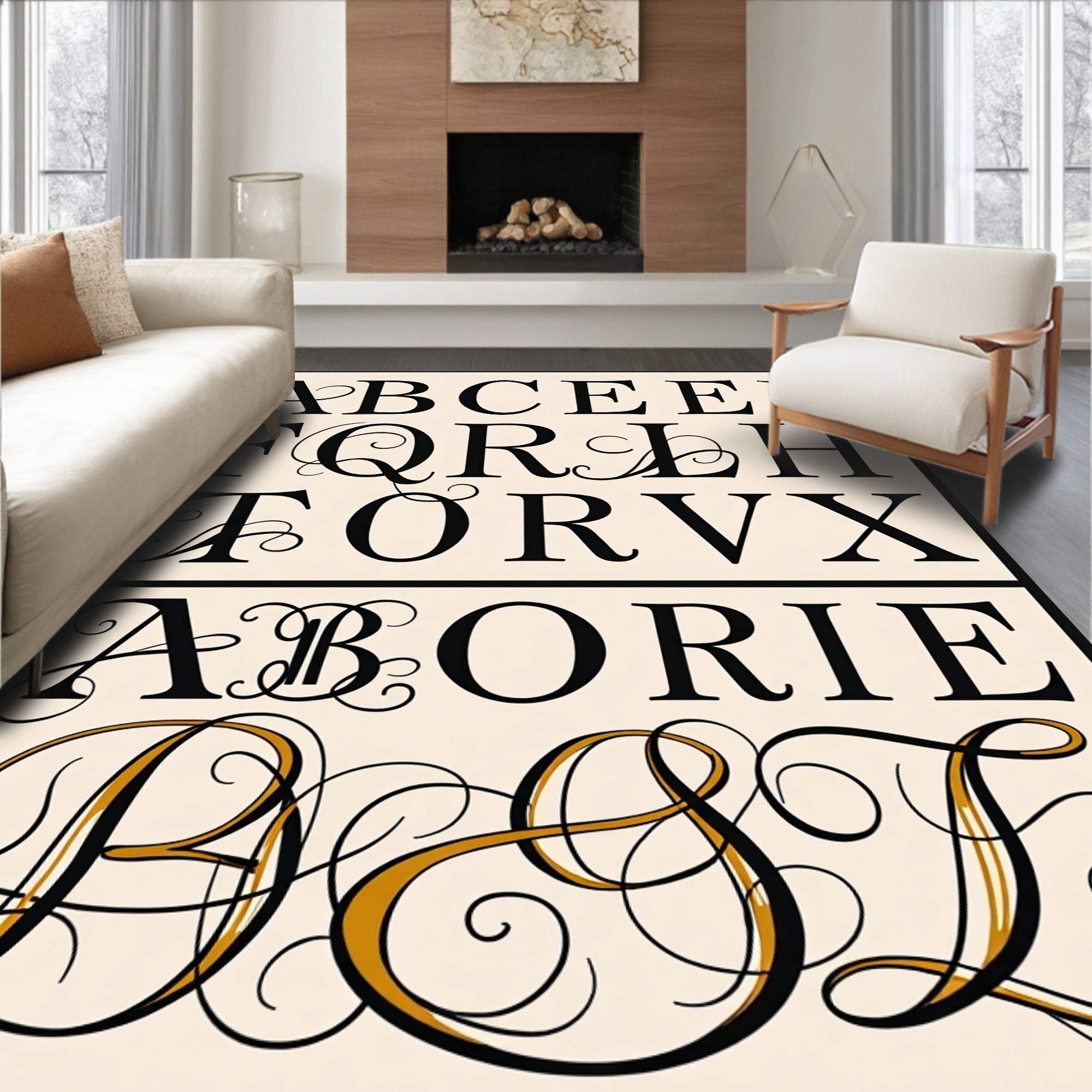 Elegant Black Gold Calligraphy Alphabet Rug