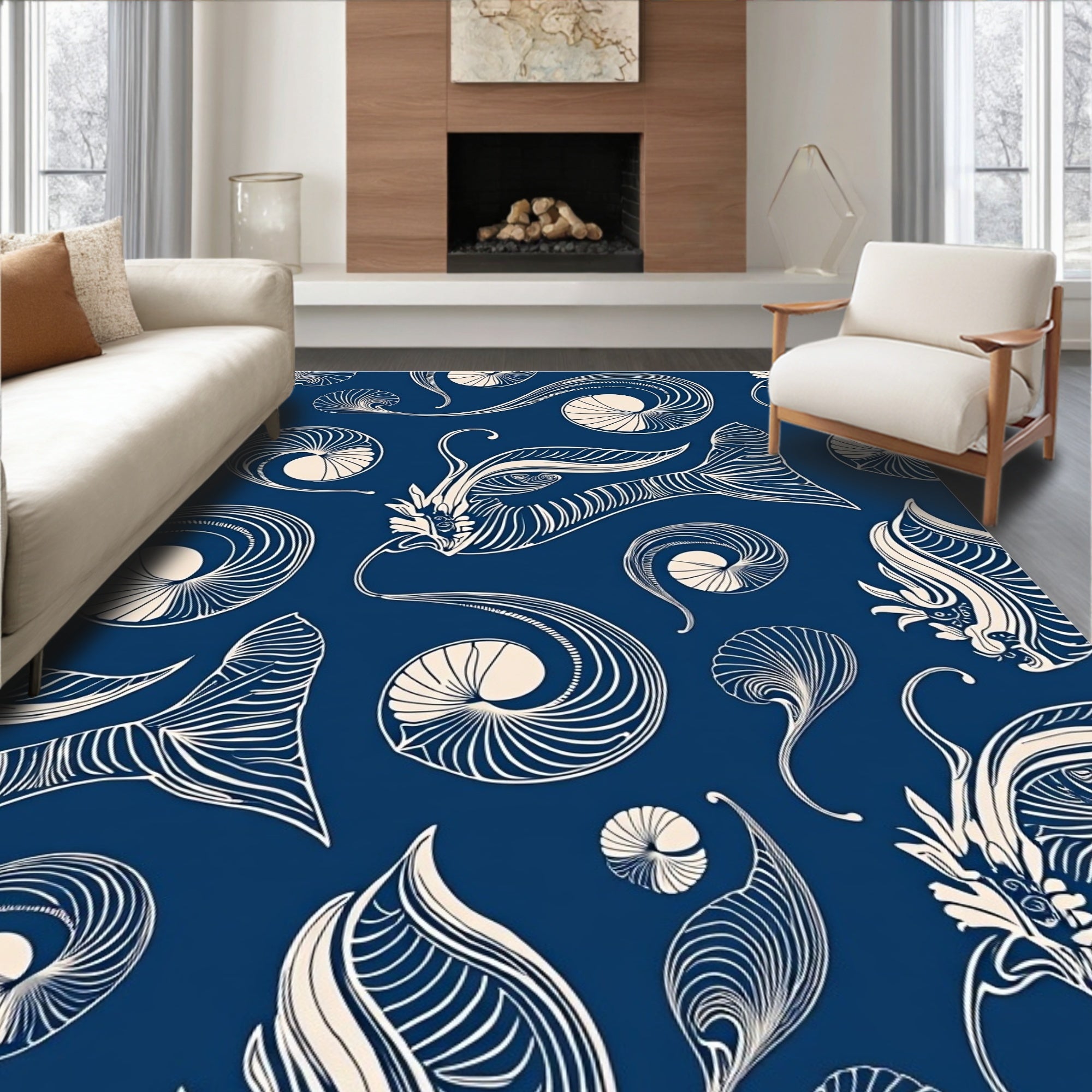 Elegant Blue Swirl Seashell Art Nouveau Rug