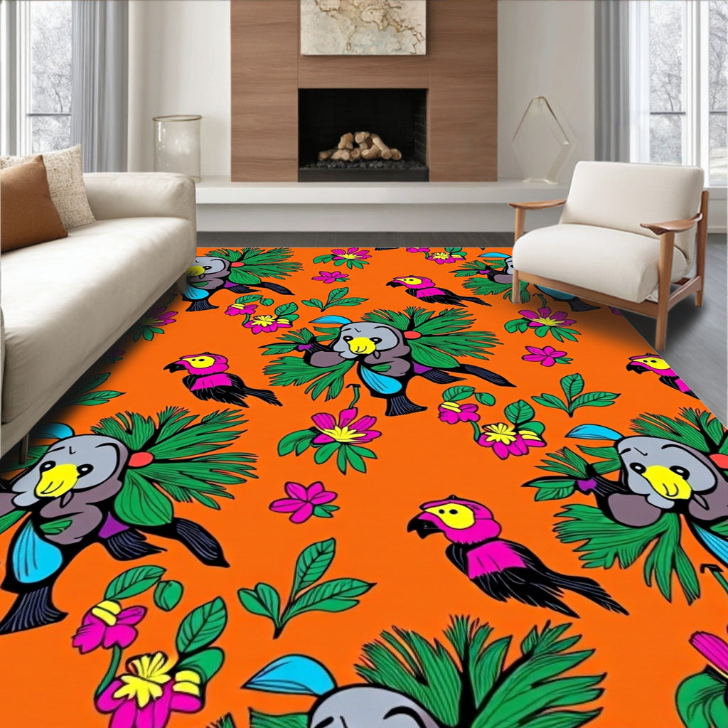 Whimsical Parrot Floral Orange Background Rug