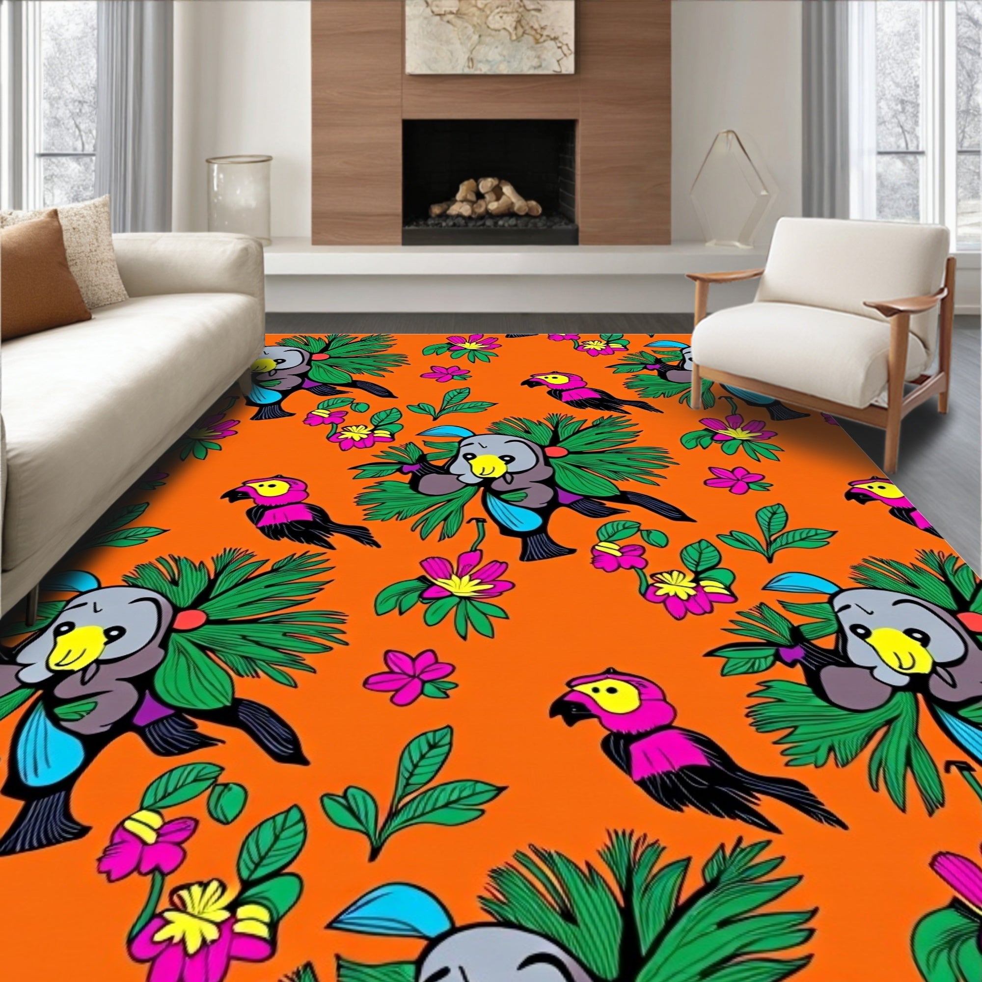 Whimsical Parrot Floral Orange Background Rug