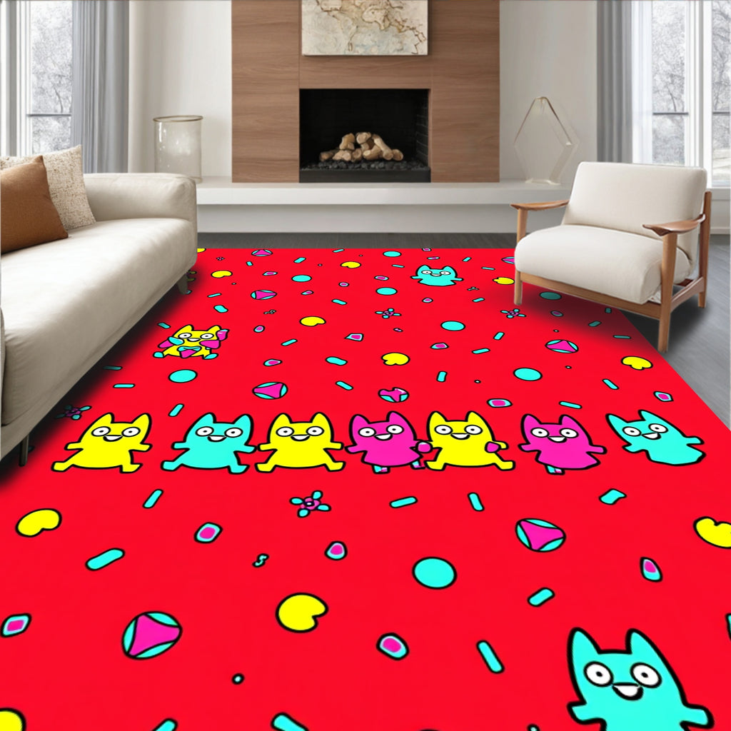 Bright Red Whimsical Cat Sprinkle Collage Rug