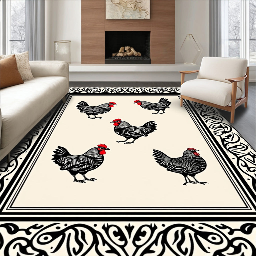 Farmhouse Black Rooster Red Comb Rooster Border Rug