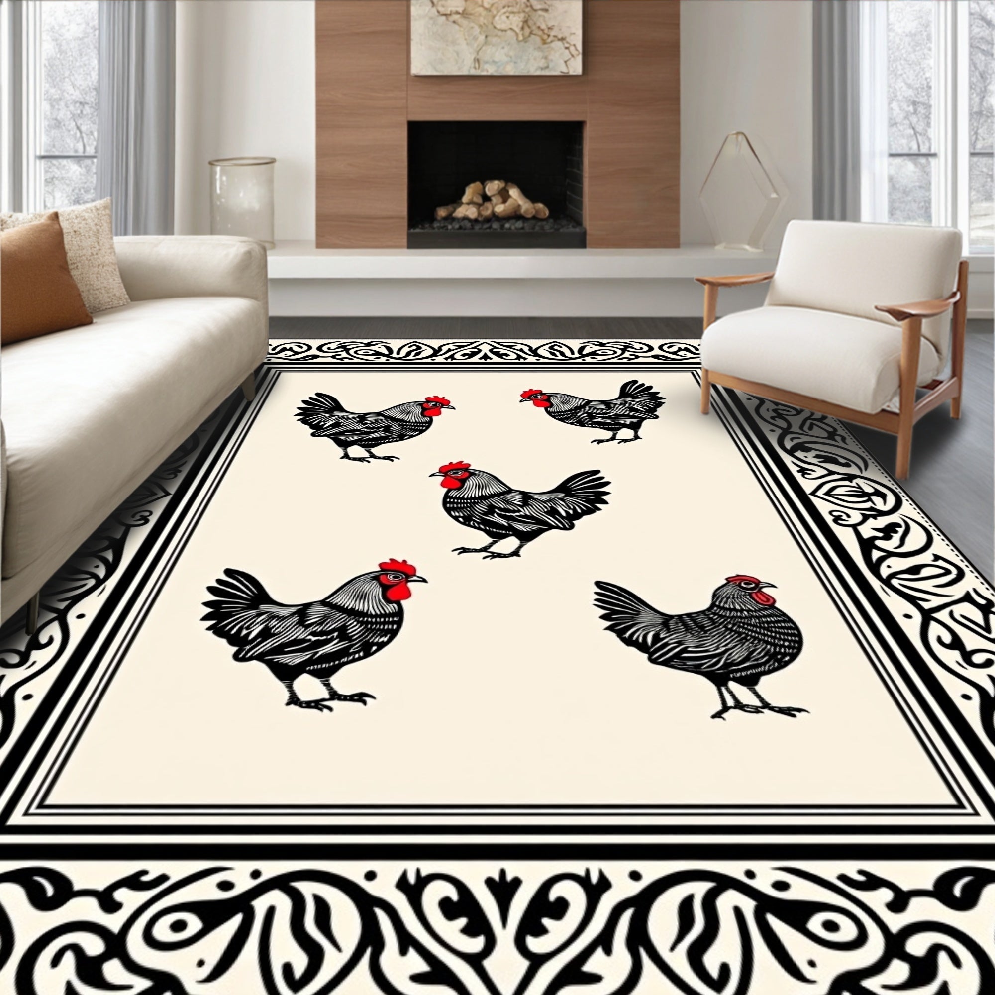 Farmhouse Black Rooster Red Comb Rooster Border Rug