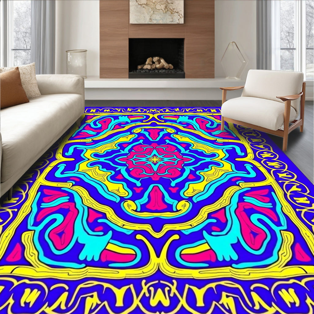 Vibrant Blue Pink Yellow Psychedelic Swirl Rug