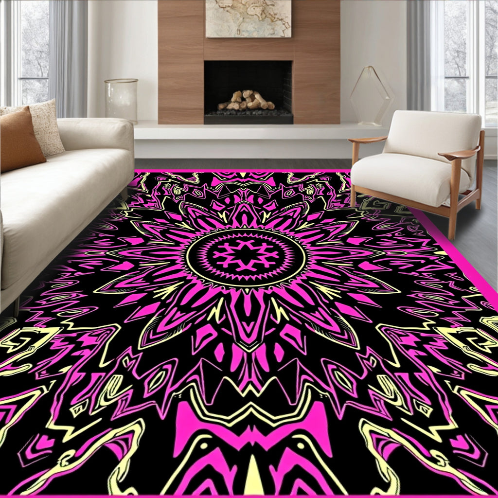 Electric Pink Yellow Symmetrical Bloom Rug