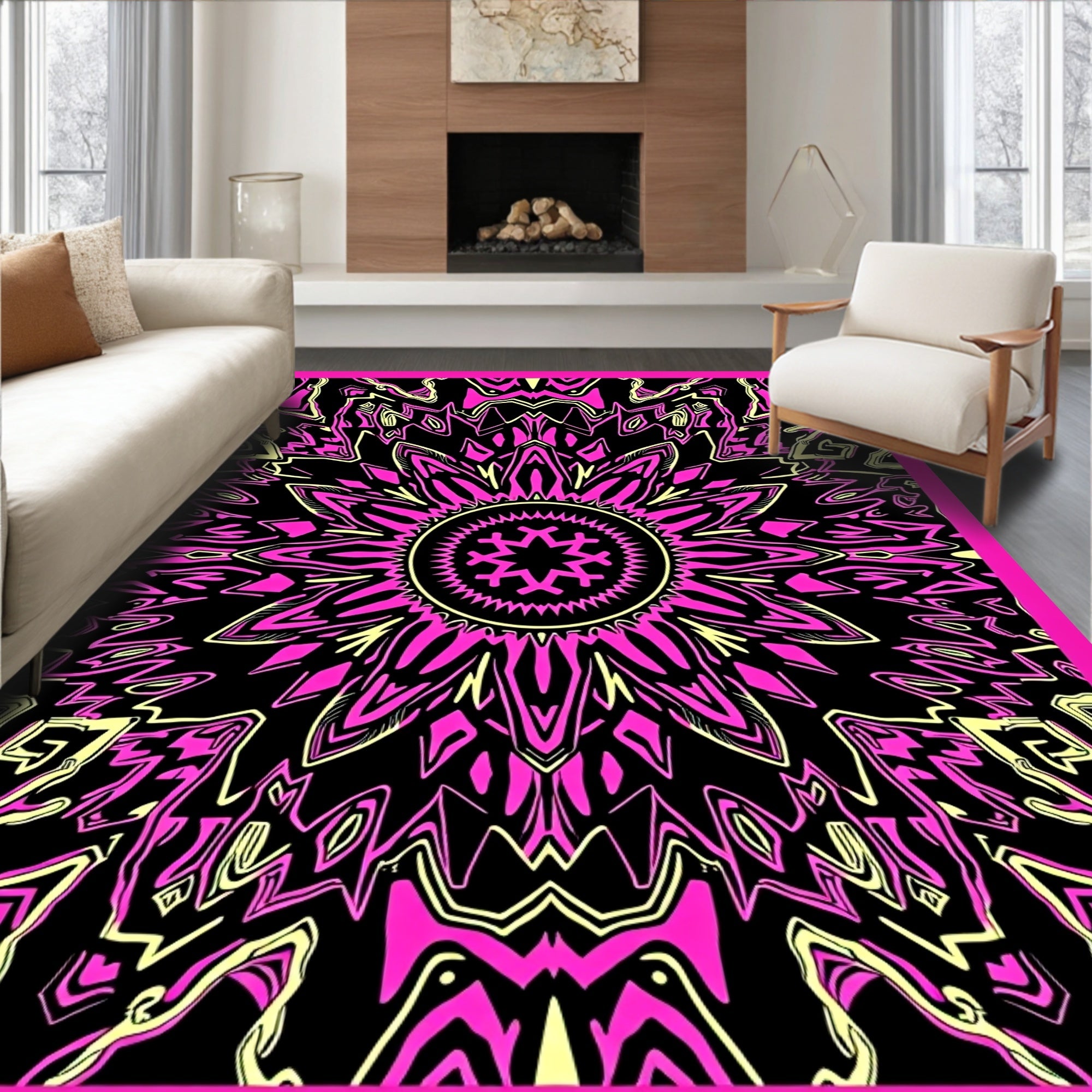 Electric Pink Yellow Symmetrical Bloom Rug