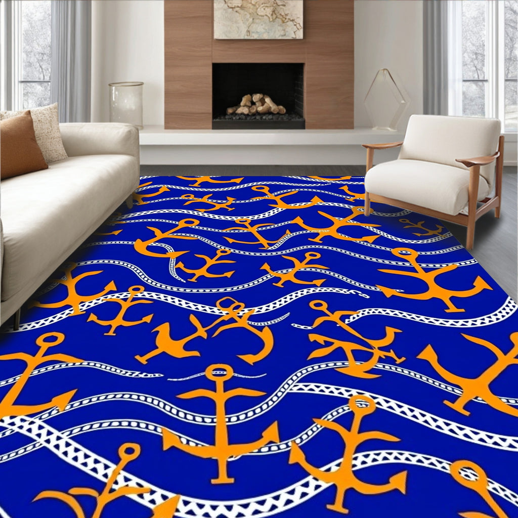 Orange Anchors on Blue Waves Rug