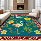 Cream Flamingos Yellow Hibiscus Teal Garden Rug