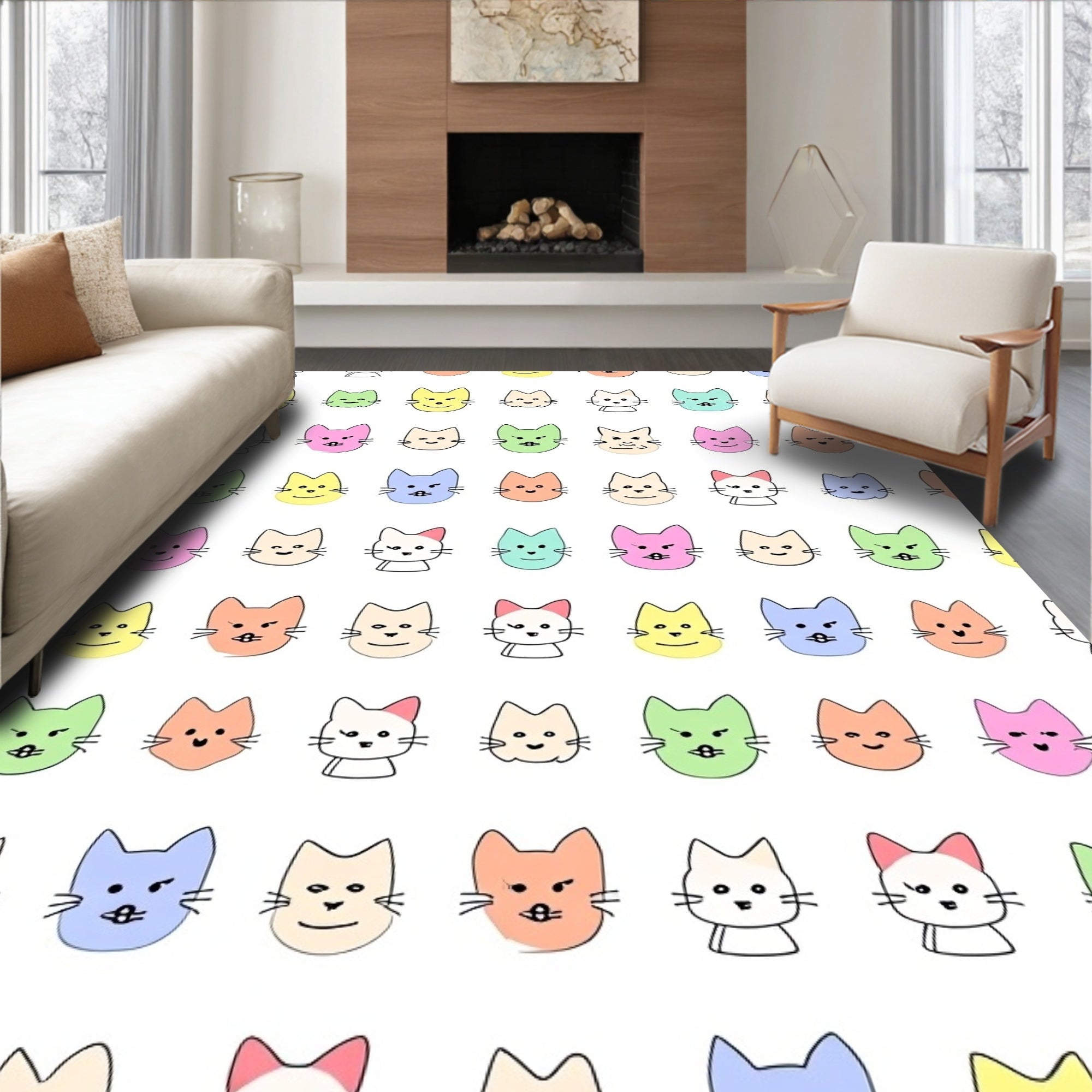 Playful Pastel Cat Faces Repeating Rug