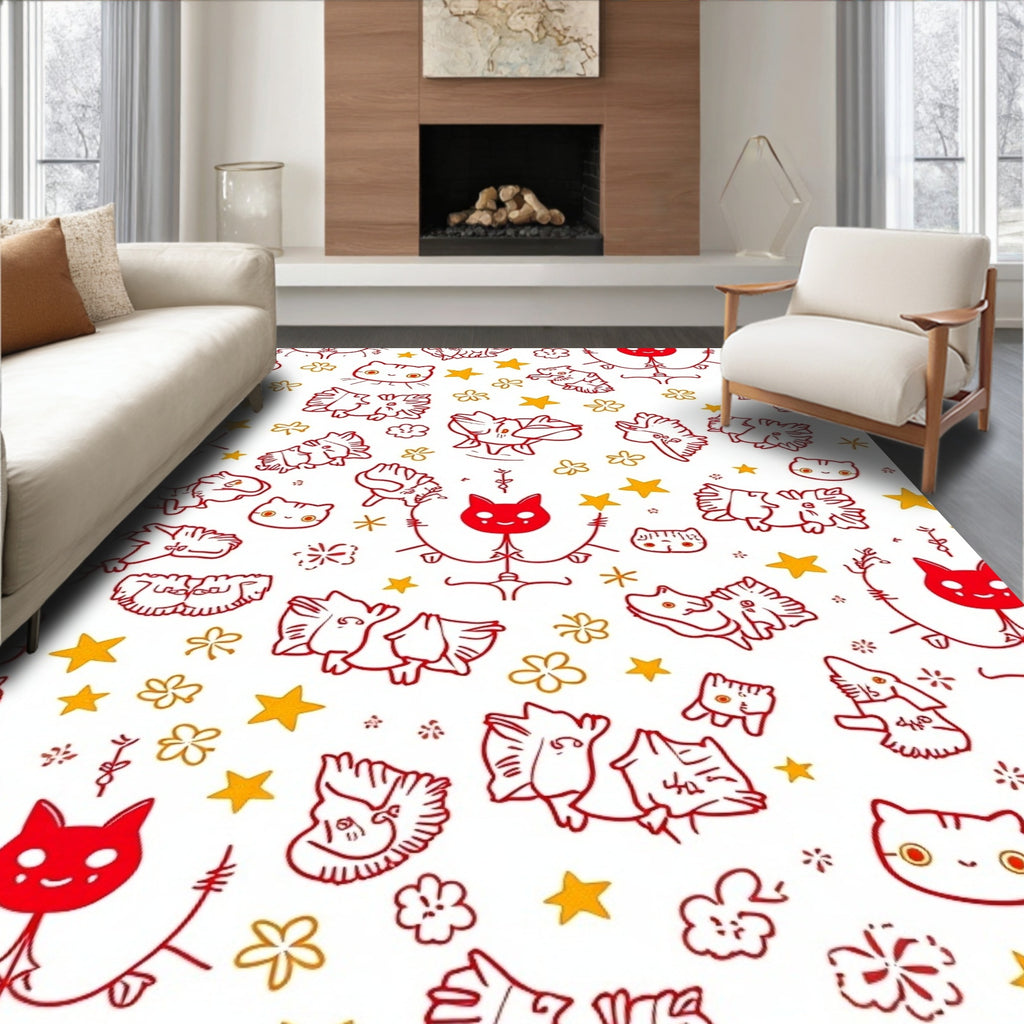 Whimsical Red Cat And Star Collage Rug