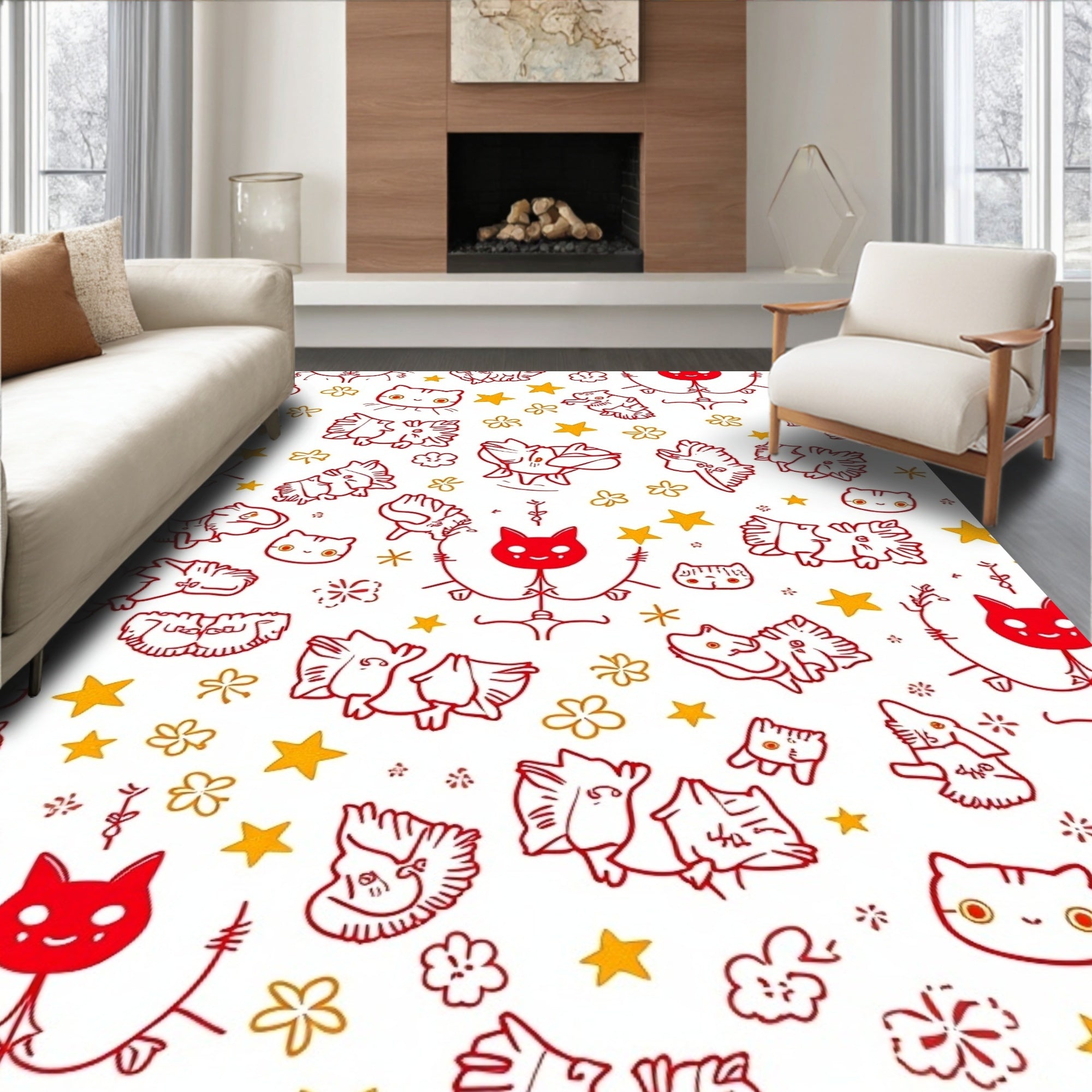 Whimsical Red Cat And Star Collage Rug