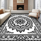Black White Intricate Mandala Border Rug