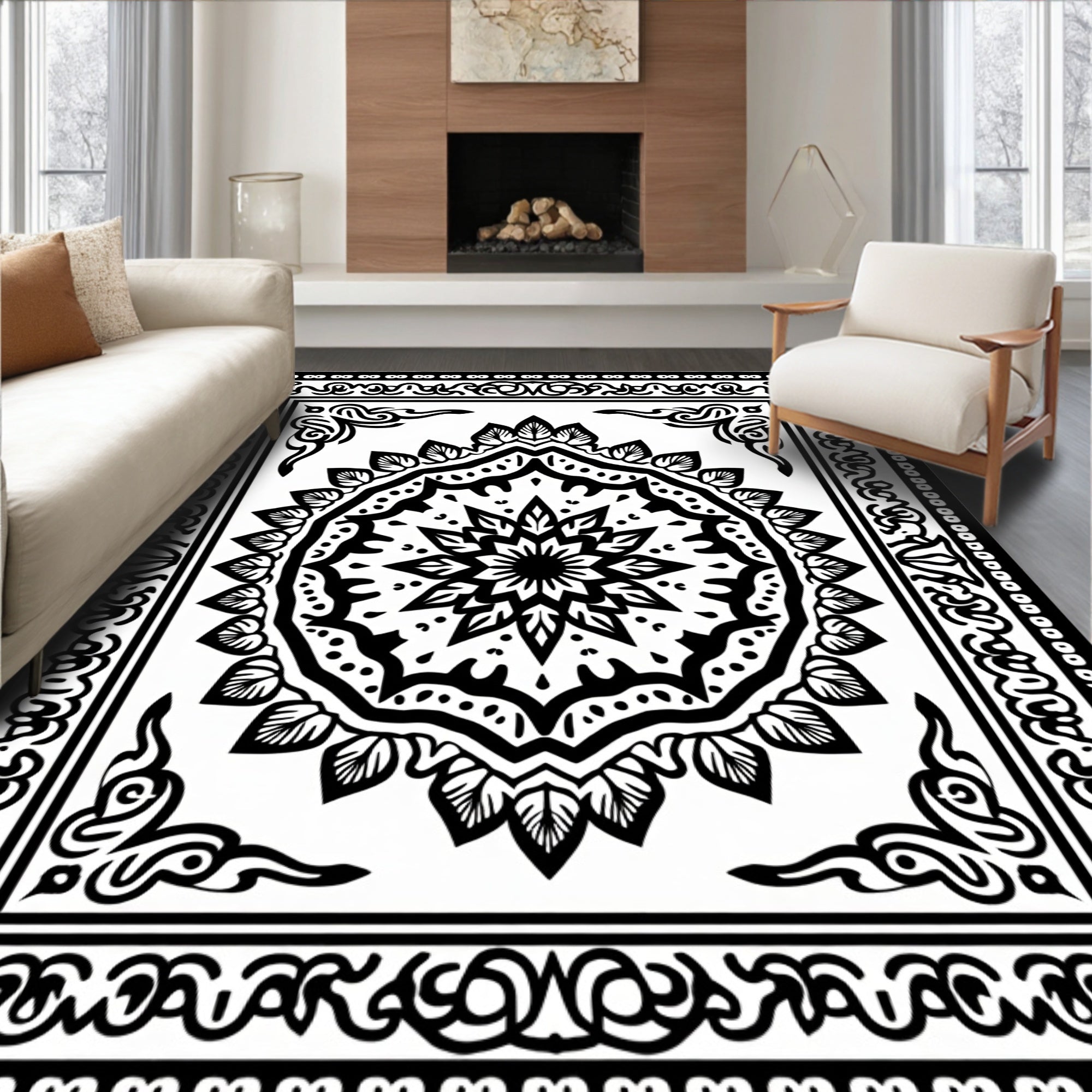 Black White Intricate Mandala Border Rug