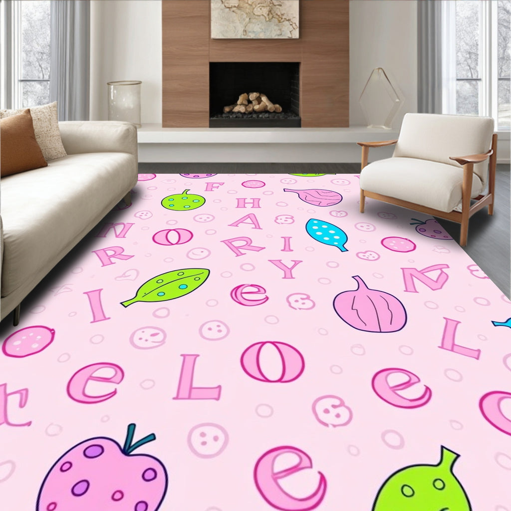 Pink Alphabet Fruits And Leaves Rug