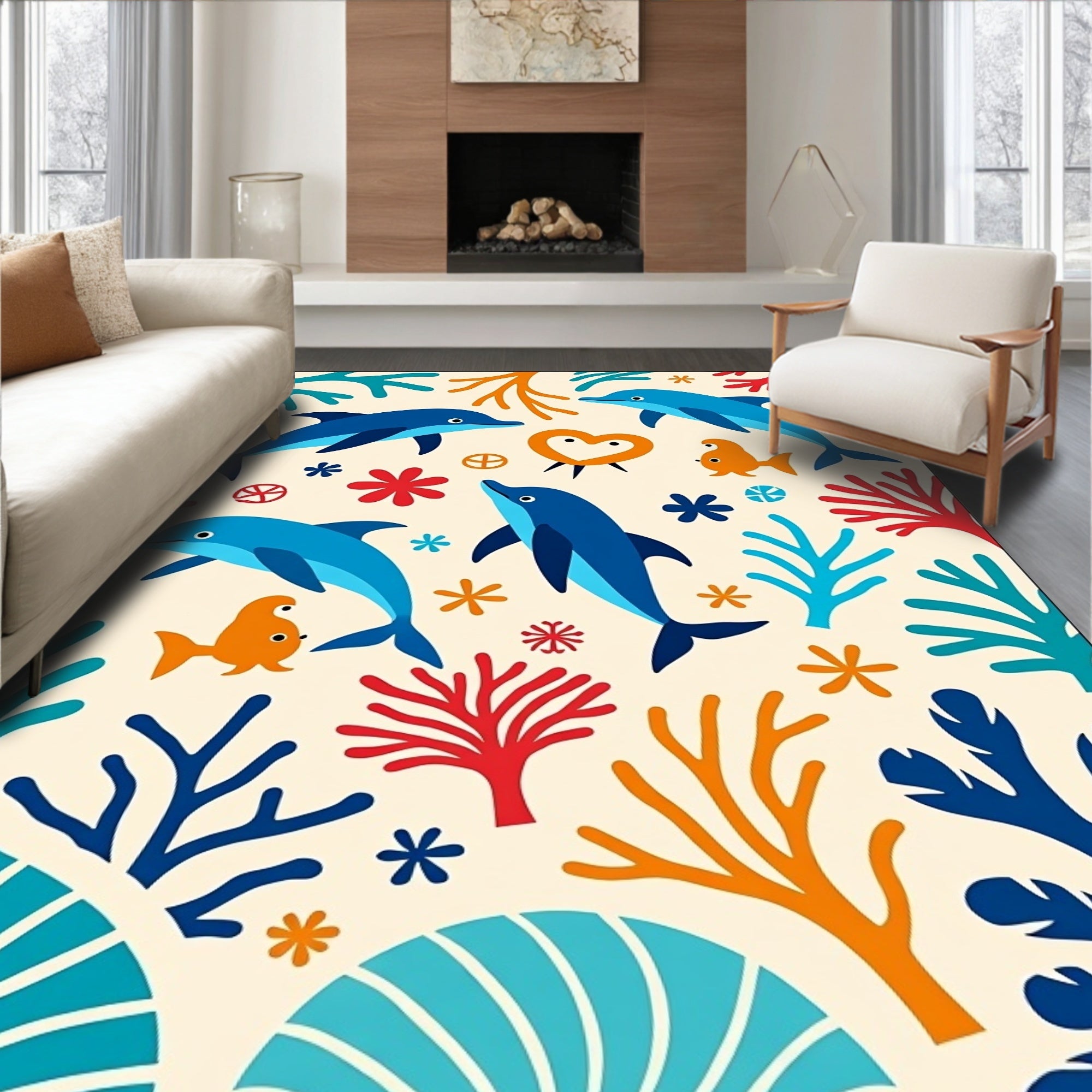 Blue Dolphins Coral Reef Whimsical Rug